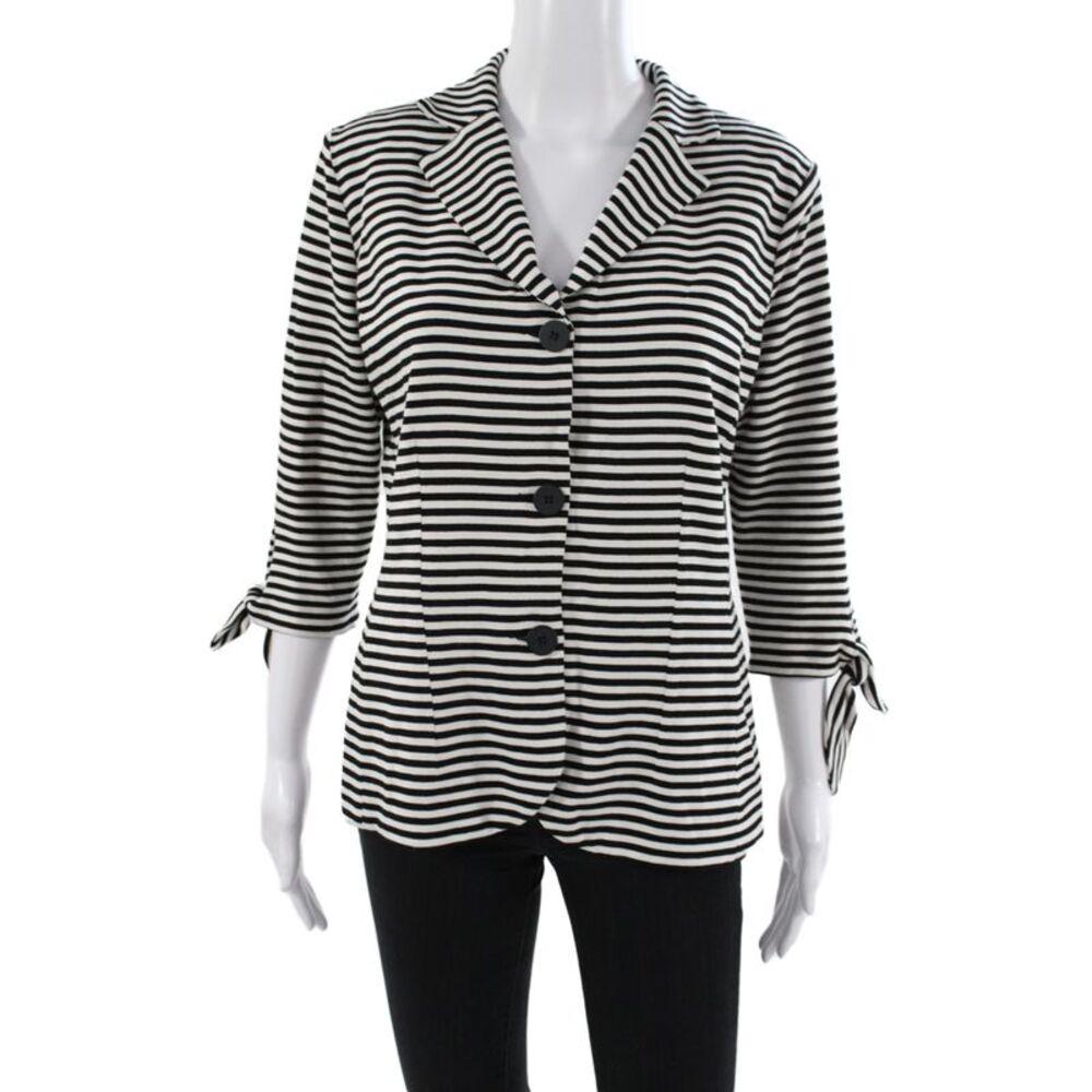 Bailey 44 Women Basic Jacket Striped Black Collared Button 3/4 Sleeve Size L